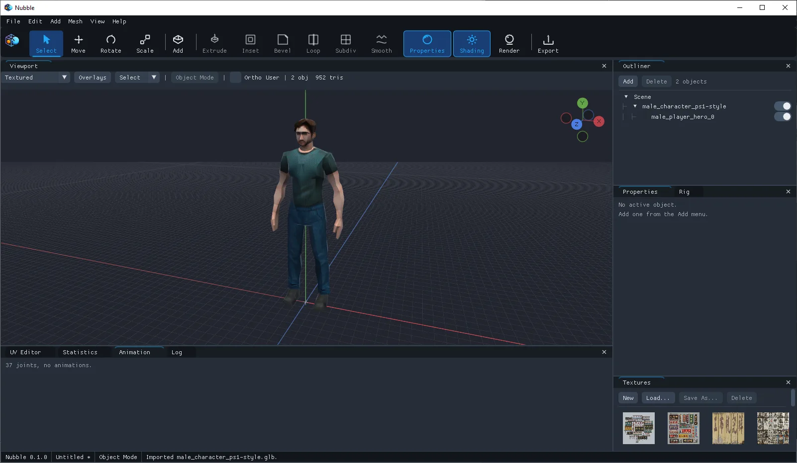 The Nubble window with a textured low-poly character standing in the viewport, the outliner listing two objects.