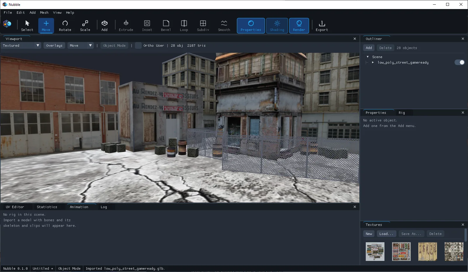 The Nubble window with a textured low-poly street scene of shopfronts, crates and fencing in the viewport.