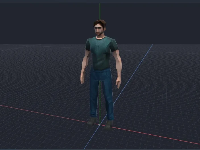A low-poly game character standing on the grid in the Nubble viewport