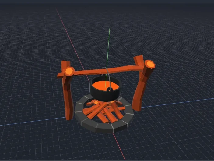 A low-poly cooking pot hanging over a campfire in the Nubble viewport