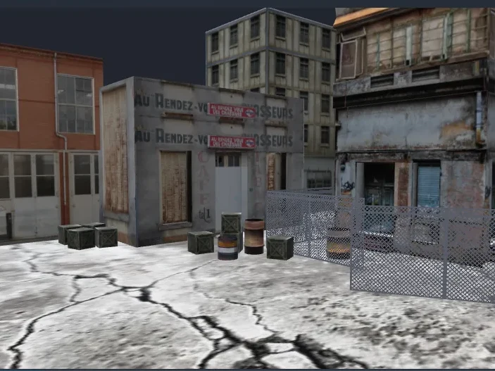 A textured low-poly street scene of shopfronts, crates and fencing in the Nubble viewport